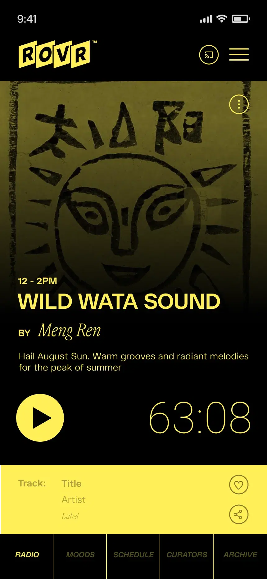 The ROVR app playing a radio show, with the track credits below it