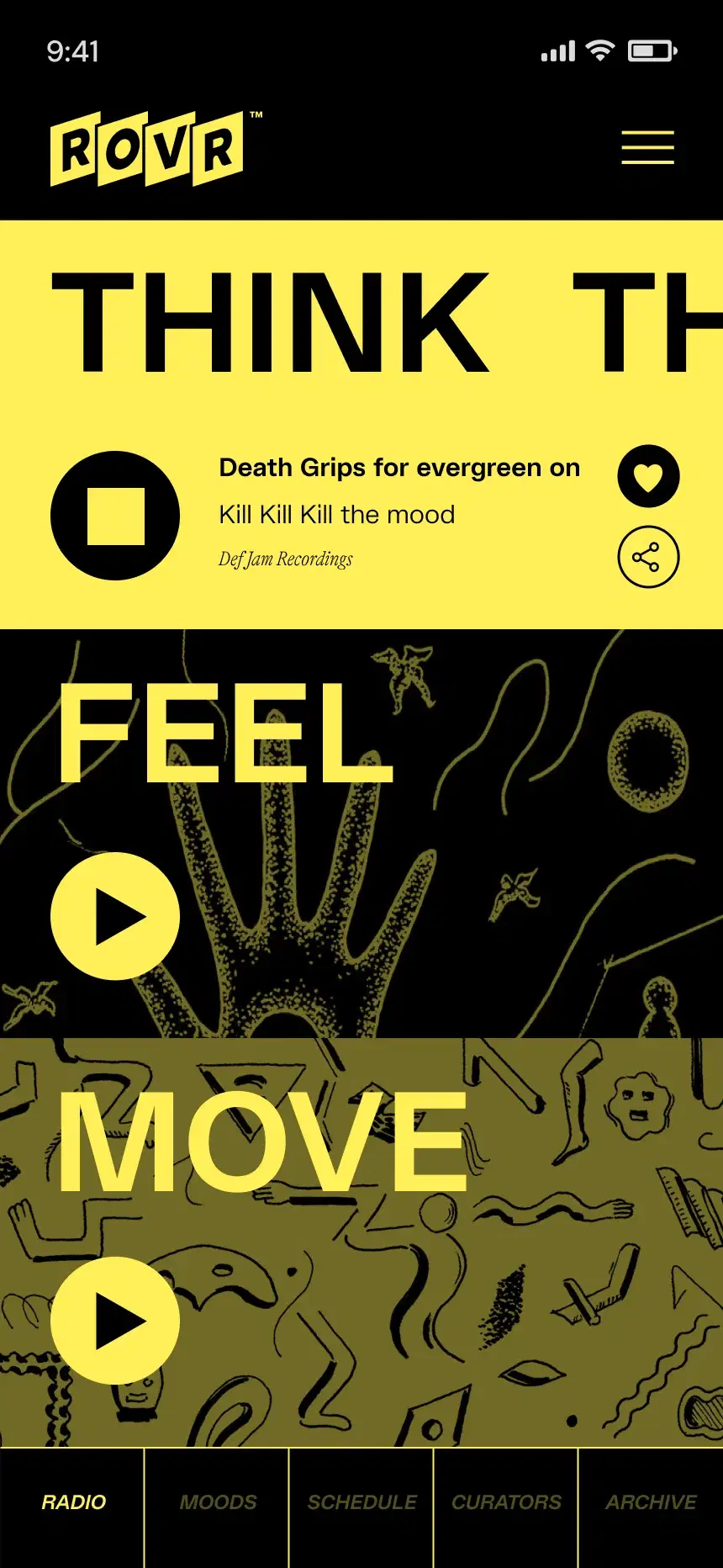 The ROVR app's moods screen: think, feel, move, drive