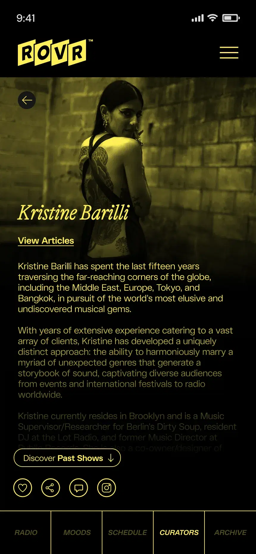 An artist profile in the ROVR app
