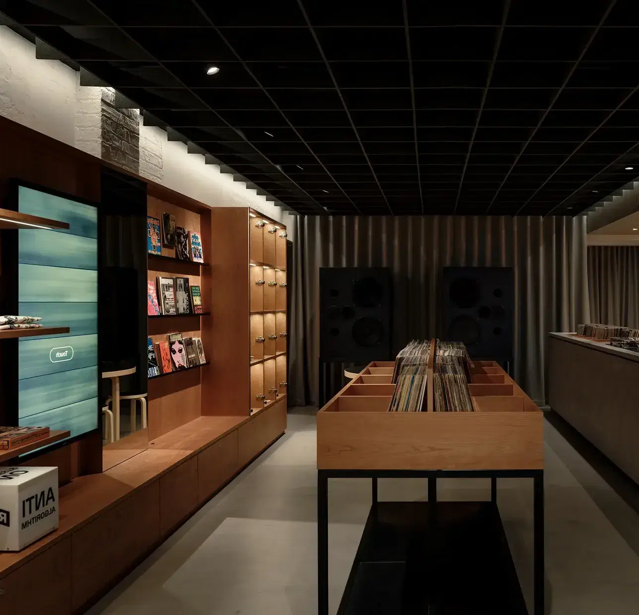 Inside ROVR Soho: record racks, listening bar and shelving