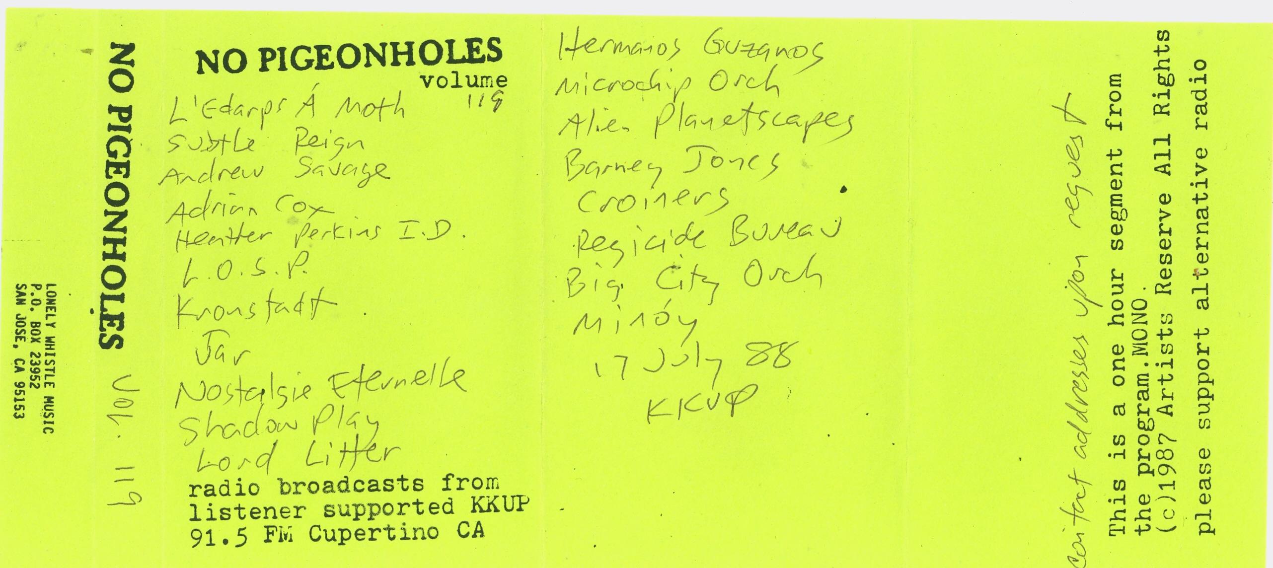 No Pigeonholes Volume 119 (17 July 88 KKUP radio broadcast) - L.O.S.P.