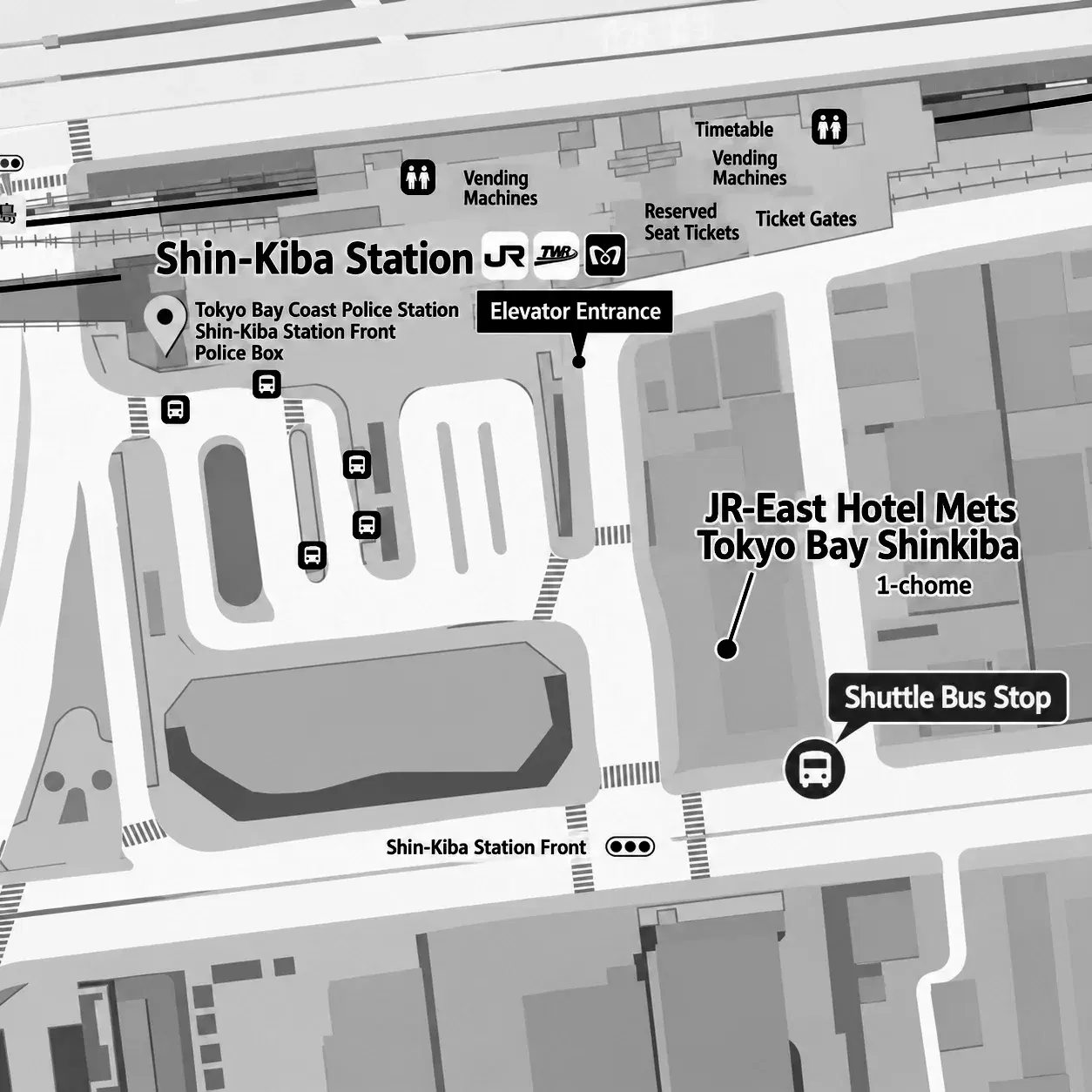 Map of Shin-Kiba Station showing the shuttle bus stop beside JR-East Hotel Mets Tokyo Bay Shinkiba